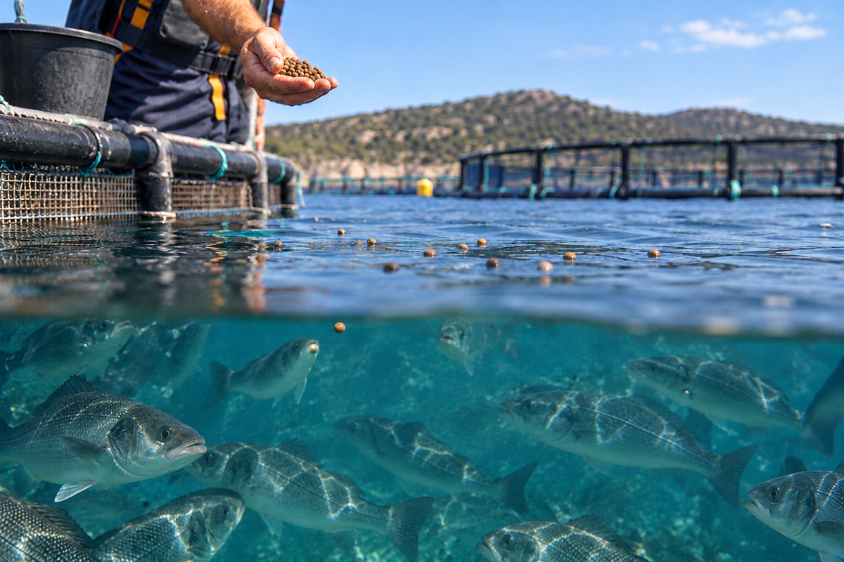 Alimentando lubinas en viveros flotantes