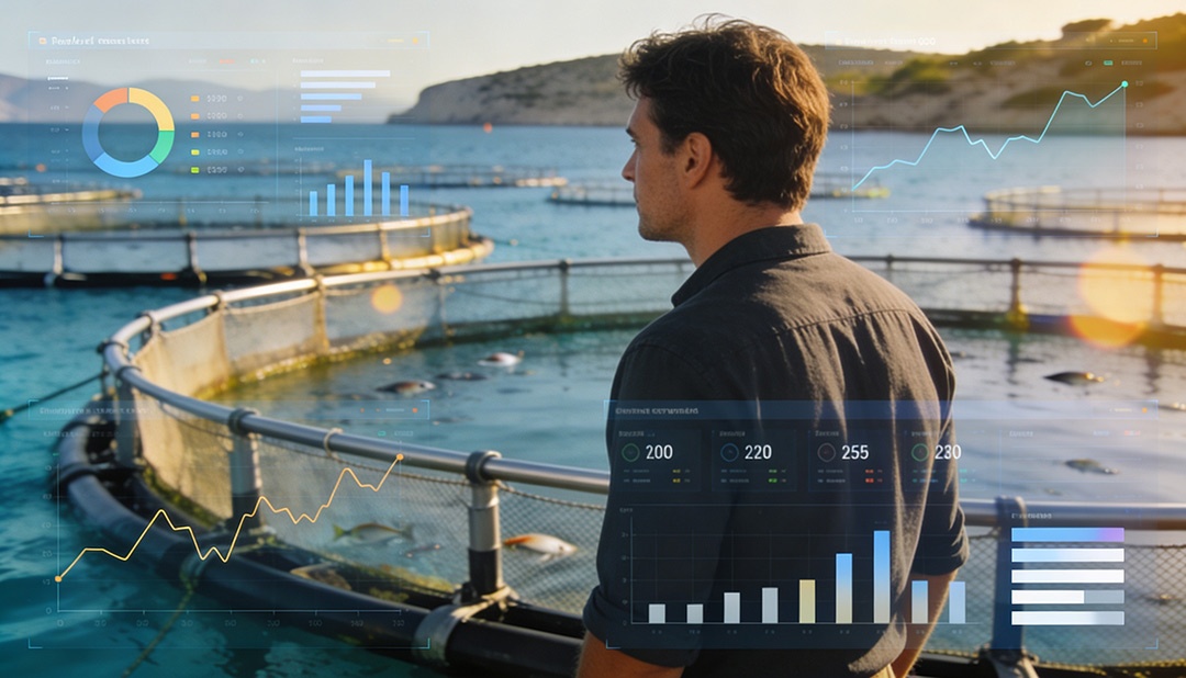gerente granja mirando el mar con datos estadísticos