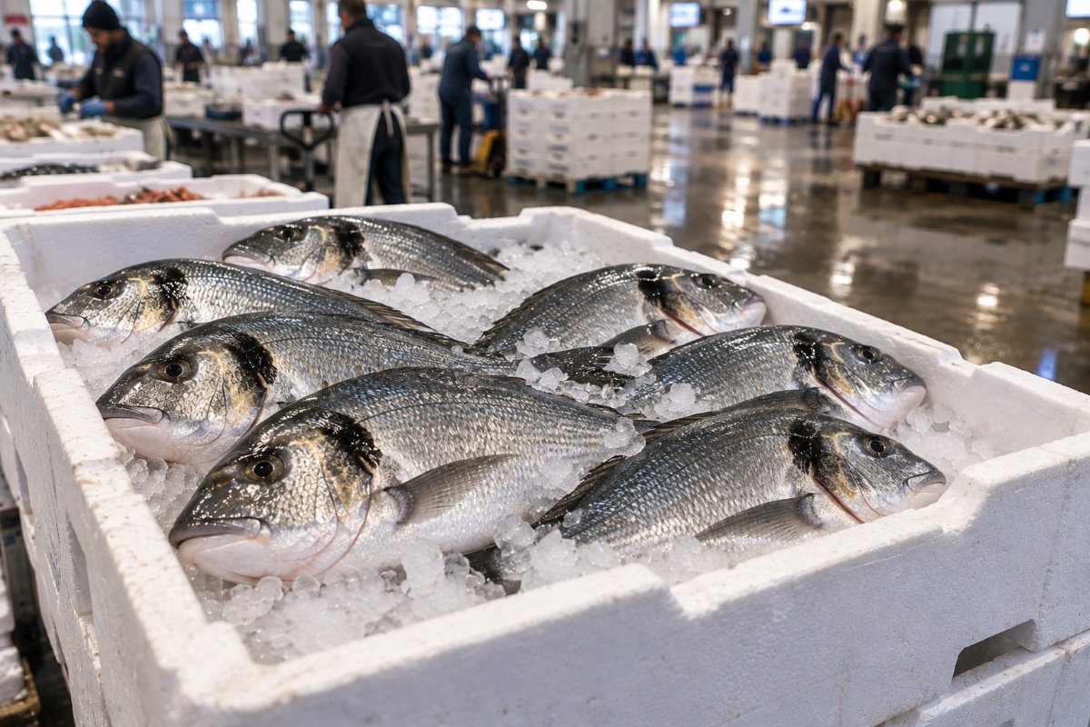 Caja de doradas en mercado mayorista