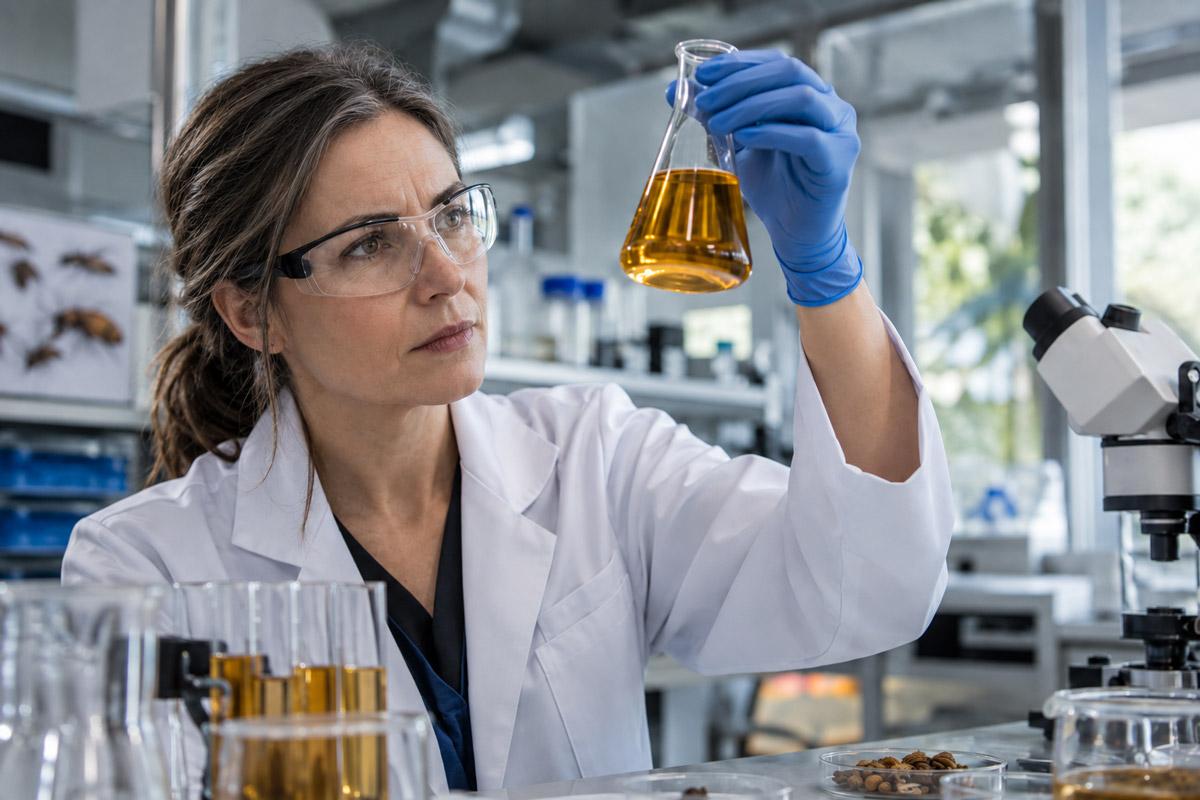 Investigadora mira muestra aceite insecto
