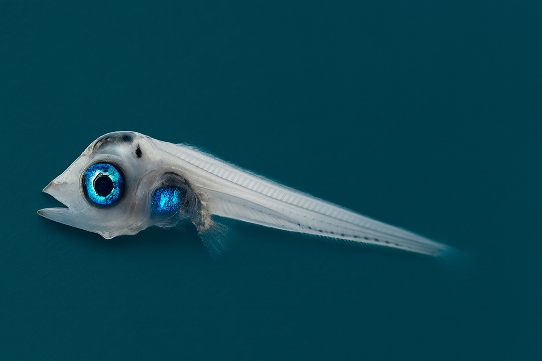 Larva atún rojo fondo azul Larva atún rojo fondo azul