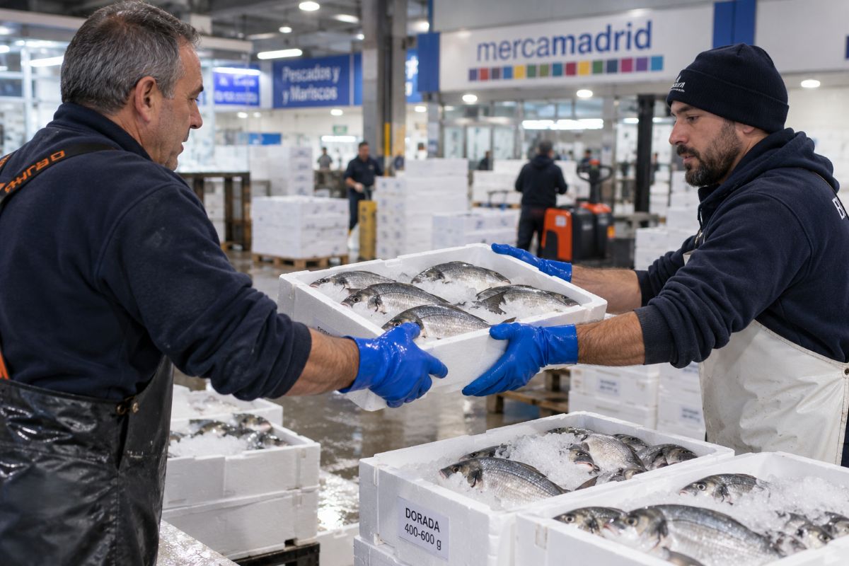 Dos hombres se pasan una caja de doradas en mercamadrid