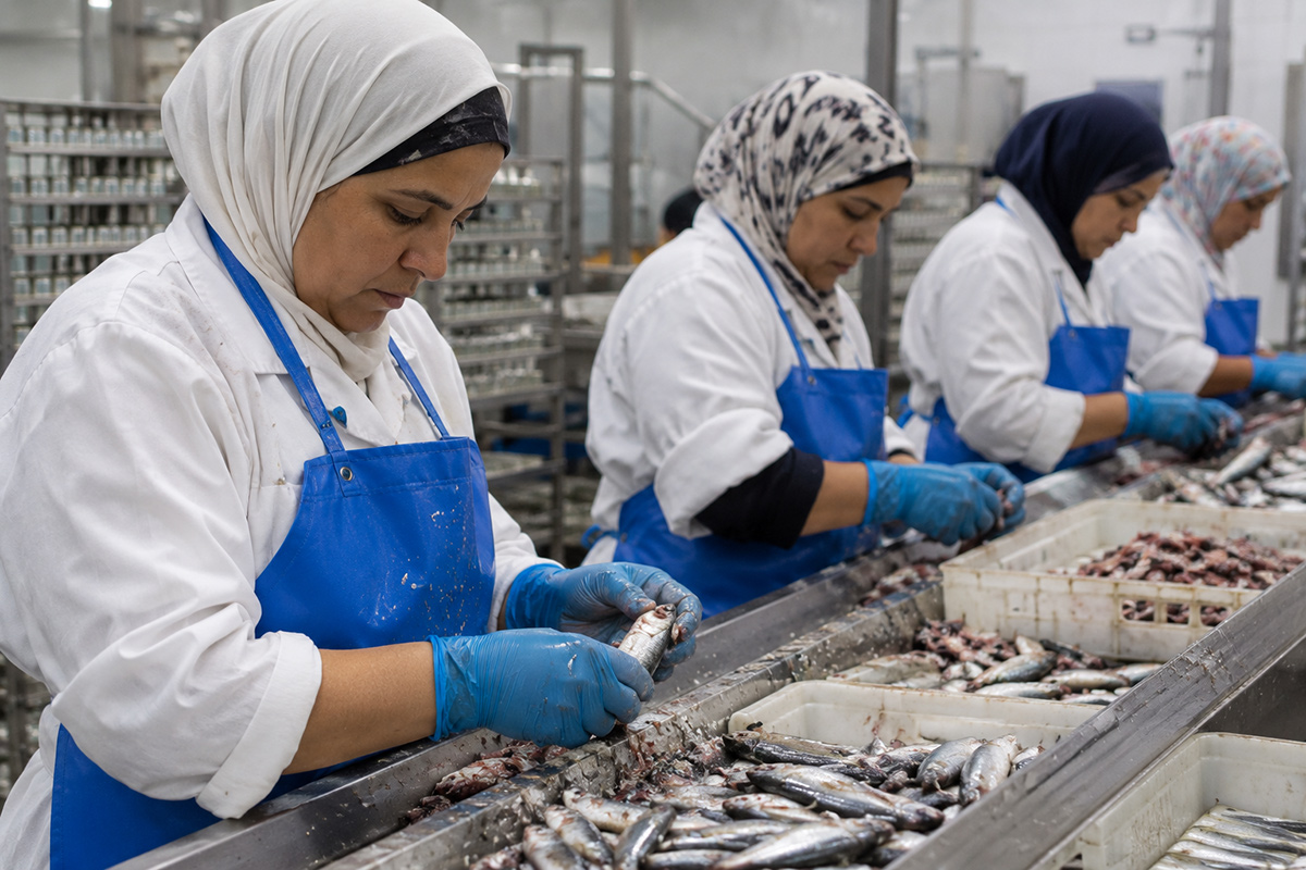 Mujeres procesando sardinas en Marruecos