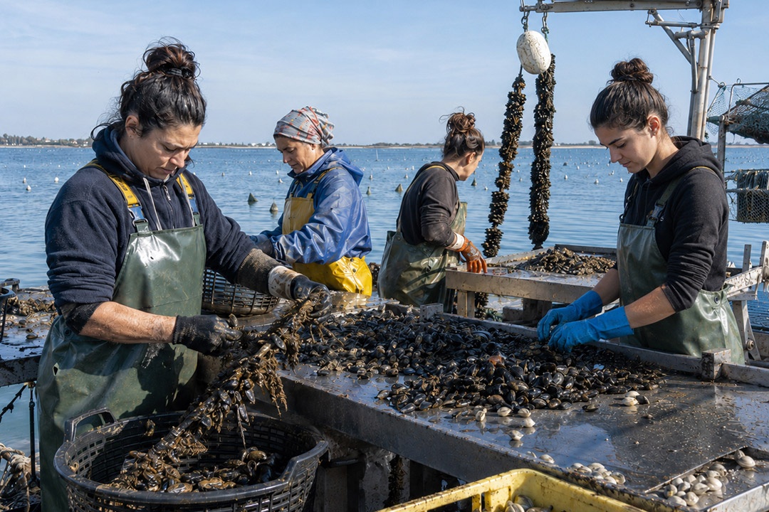 Mujeres trabajando moluscos Italia