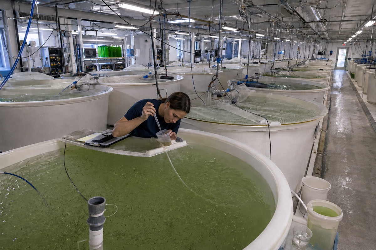 Biologa analiza el estado y calidad de las larvas en un criadero