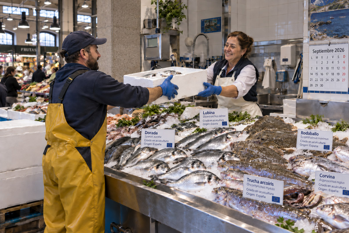 Pescadería con pescado de acuicultura española