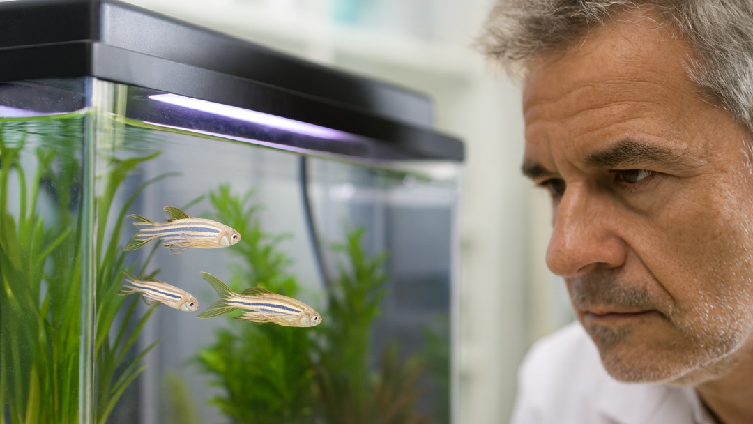 Investigador mira peces cebra Investigador mira peces cebra