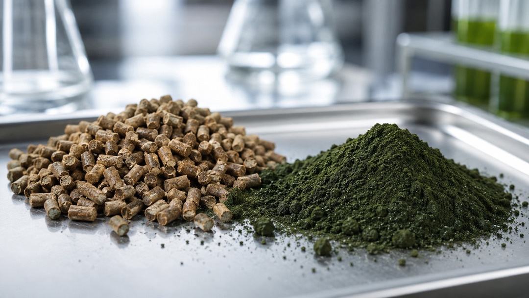 pellets de pienso y harina de mciroalgas