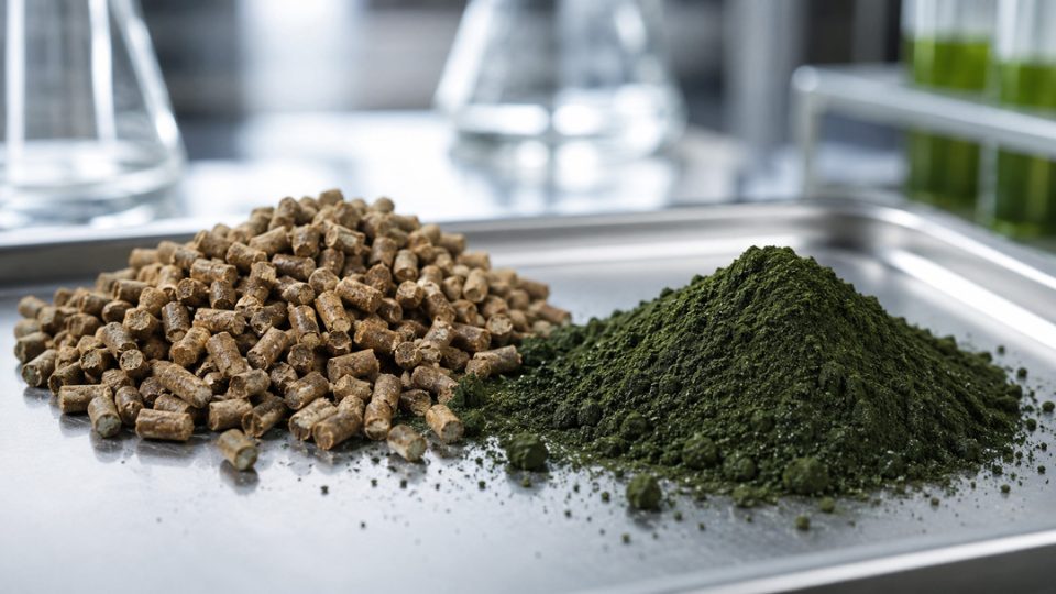 pellets de pienso y harina de mciroalgas