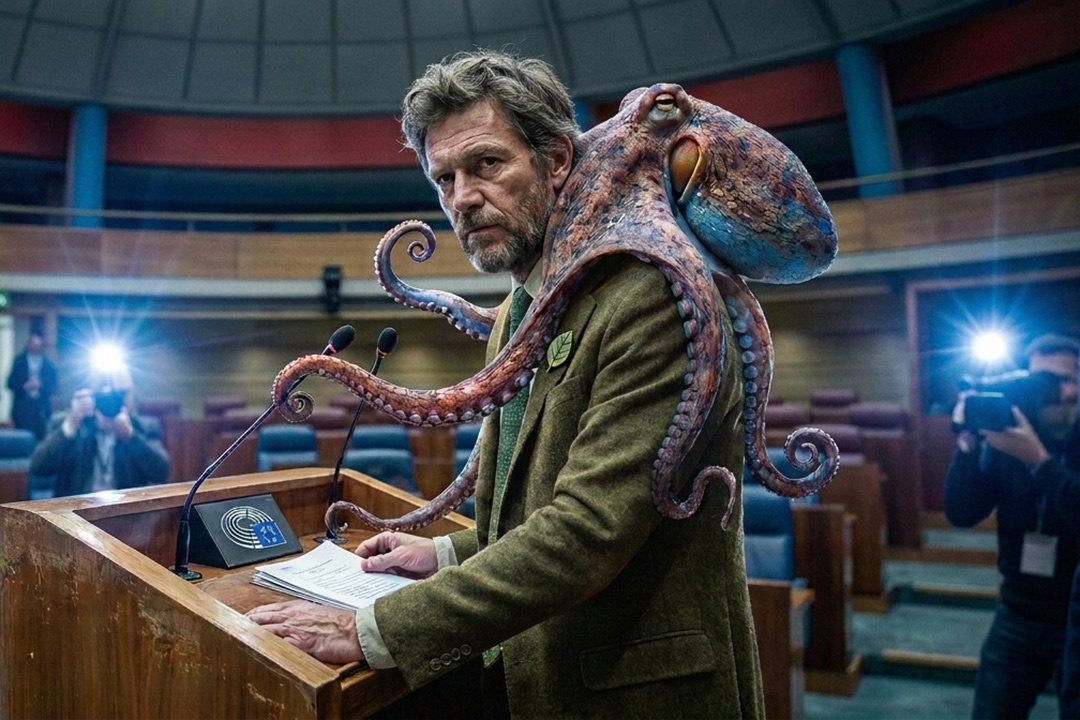 Político con pulpo en estrado congreso