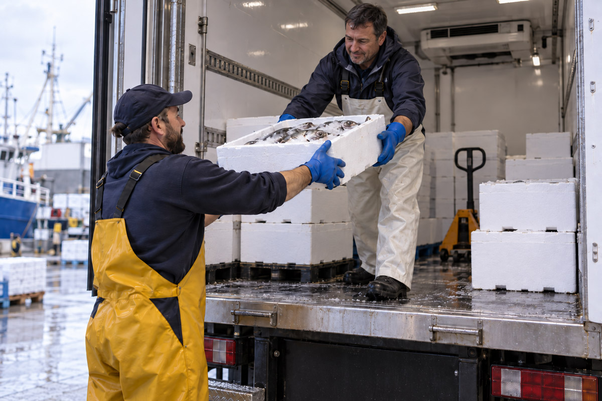 Productor entregando caja pescado acuicultura
