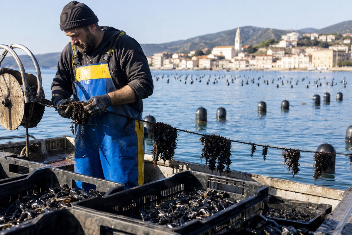 recolecta de mejillones en Italia