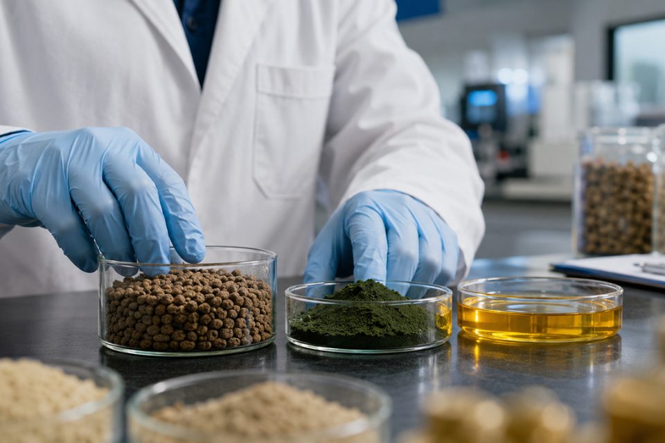 Técnico con distintos pellets pienso