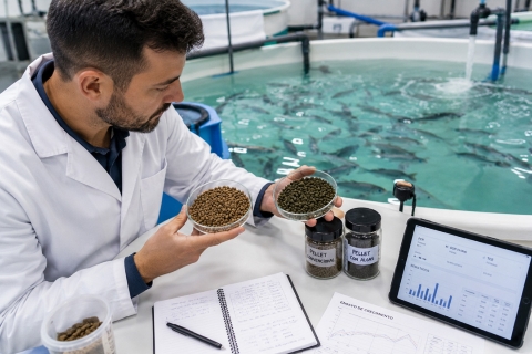 Técnico observando pellets pienso