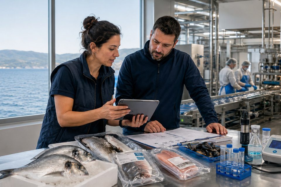 Técnicos en sala de procesado de transformados pesqueros