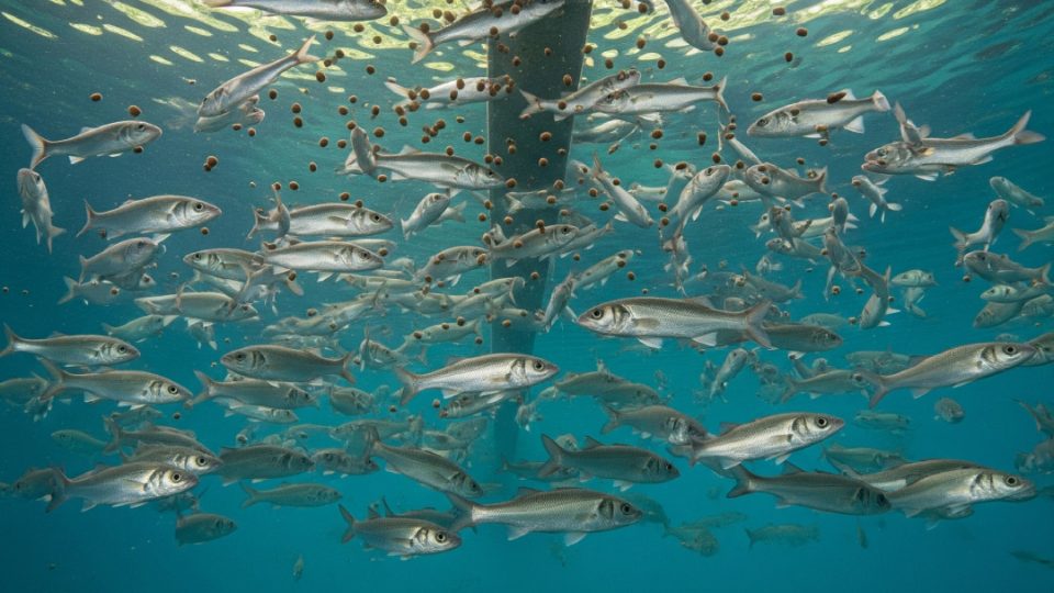 Lubinas juveniles bajo el agua