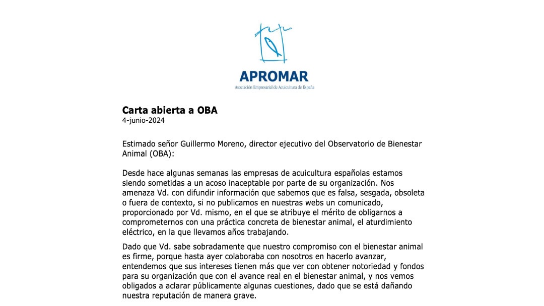 APROMAR: Carta abierta al Observatorio de Bienestar Animal APROMAR: Carta abierta al Observatorio de Bienestar Animal
