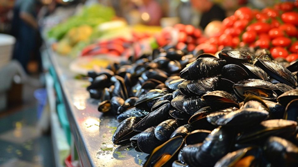 Mejillones en mercado